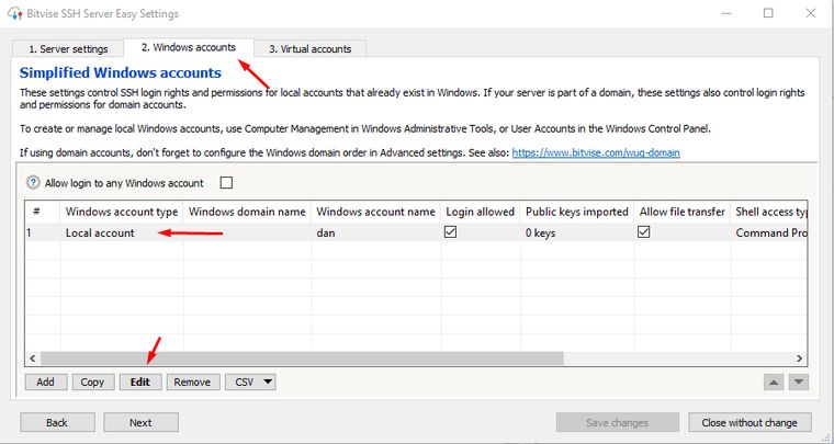 a picture of the windows accounts tab of the easy accounts dialogue, pointing out the edit button